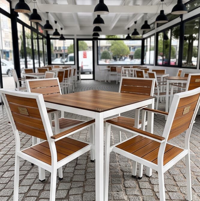 Comedor con pared de piedra de la tapería Foxas en Cee